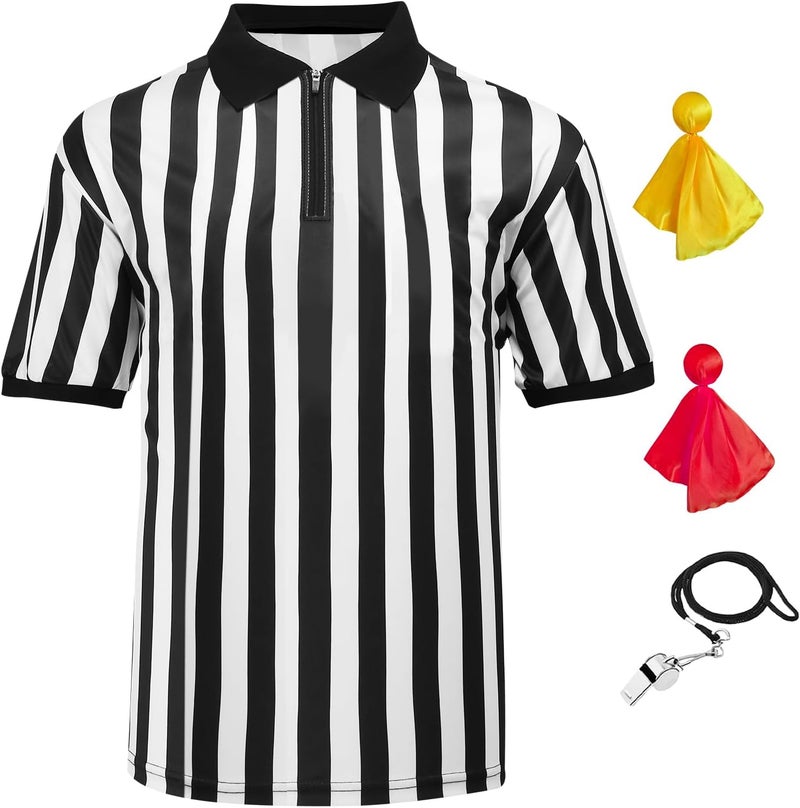 VKT 4 Pcs Men's Official Referee Costume Set Zipper Ref Shirt Stainless Whistle with Lanyard Red & Yellow Penalty Flag - Image 1